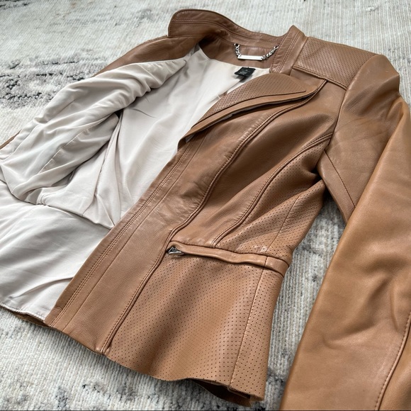 💔 SOLD 💔 White House Black Market Leather Peplum Jacket in Camel - Picture 8 of 16